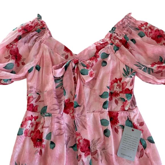 NSR Women’s Pink Tropical Floral Print Tie Front Mini Dress Size Medium NWT - Picture 2 of 11
